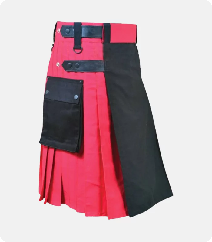 Black and Red Double Tone Kilt With Leather Straps Side