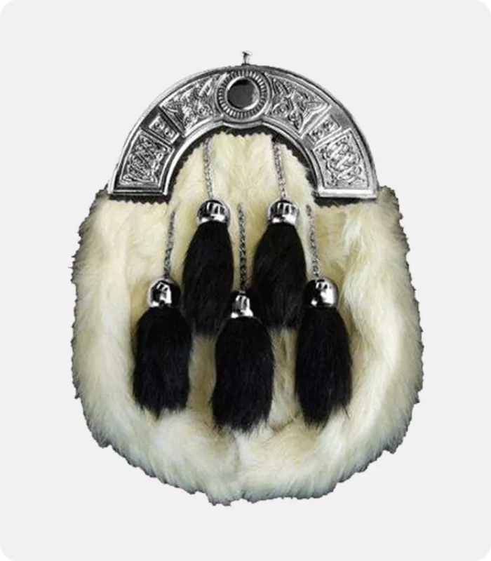 Chrome Celtic Cantle White Rabbit Sporran With 5 Black Fur Tassels 