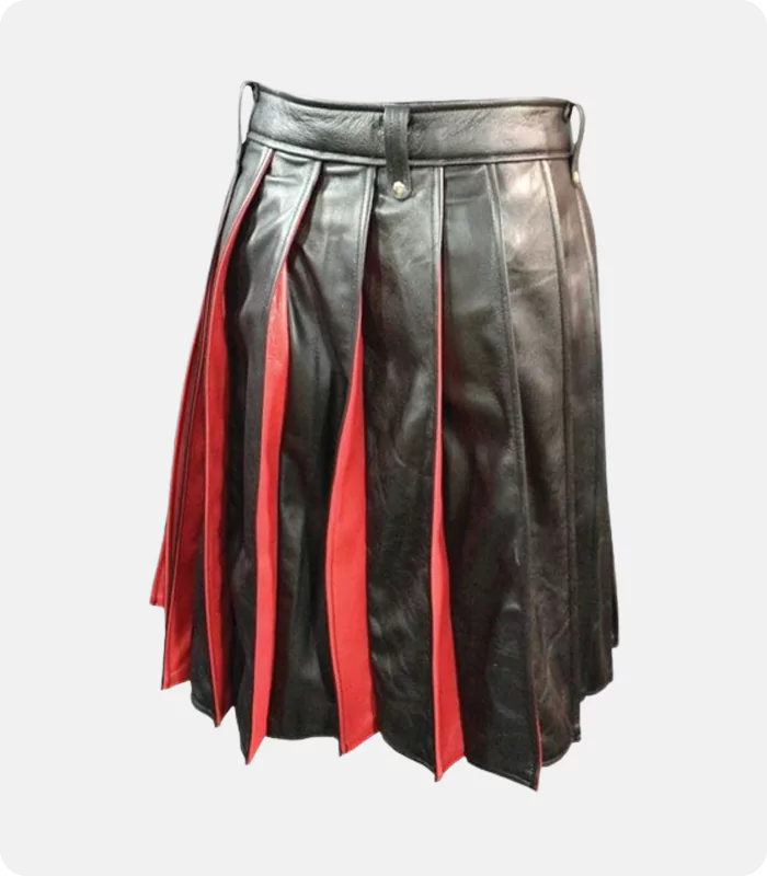 Custom Made Pleated Black & Red Leather Kilt Back