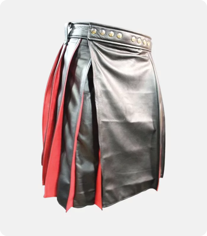 Custom Handmade Pleated Black & Red Leather Kilt