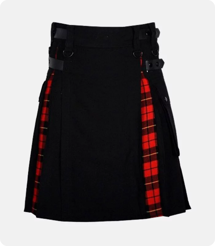 Custom Made Black Cotton Wallace Tartan Scottish Utility Cargo Hybrid Kilt