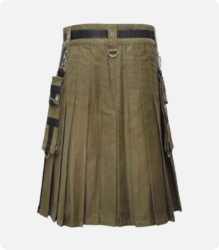 Custom Made Cotton Olive Green Utility Kilt Back