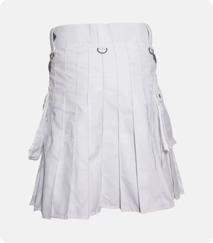 Custom Made Deluxe White Utility Kilt With Leather Straps Back
