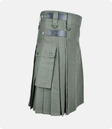 Custom Made Olive Green Cotton Utility Kilt For Men Right-Side