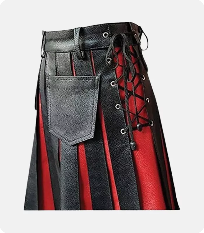 Custom Made Pleated Black & Red Leather Kilt Side