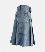 Custom Made Sky Blue Denim Kilt Side