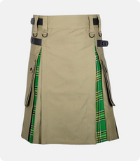 Khaki Cotton Irish Tartan Scottish Utility Cargo Hybrid Kilt